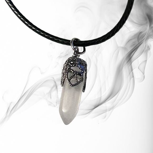 Hand Crafted Jewelry - Quartz Crystal Necklace Pointed Stone White Black Cord Handmade